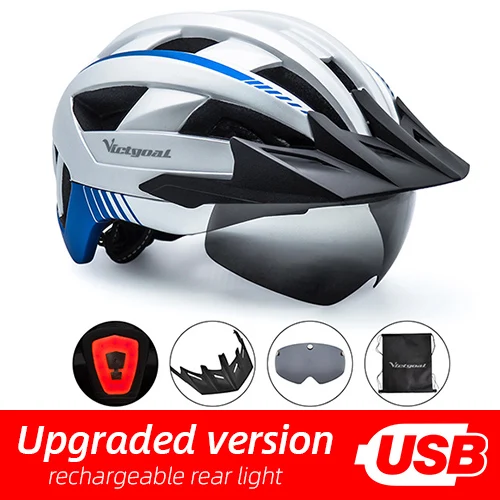 Silver USB LED Victgoal MTB велосипедный шлем Moutain дорожный USB Перезаряжаемый велосипедный шлем с подсветкой солнцезащитный козырек поляризационные очки светильник велосипедные шлемы - Цвет: Silver USB LED