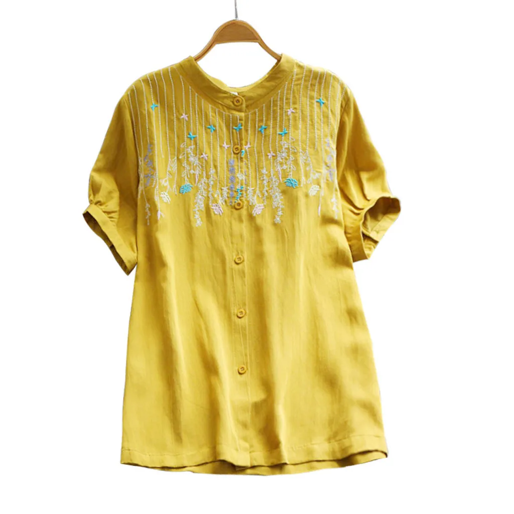 

Casual Button Short Sleeve Womens Tops And Blouses Vintage Embroidery Linen Blouse Women Shirts Blusas Mujer De Moda 2019