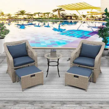 

5 piece Outdoor Conversation Set Patio Furniture Set Bistro Set Rattan Wicker Chairs with Stools and Tempered Glass Table