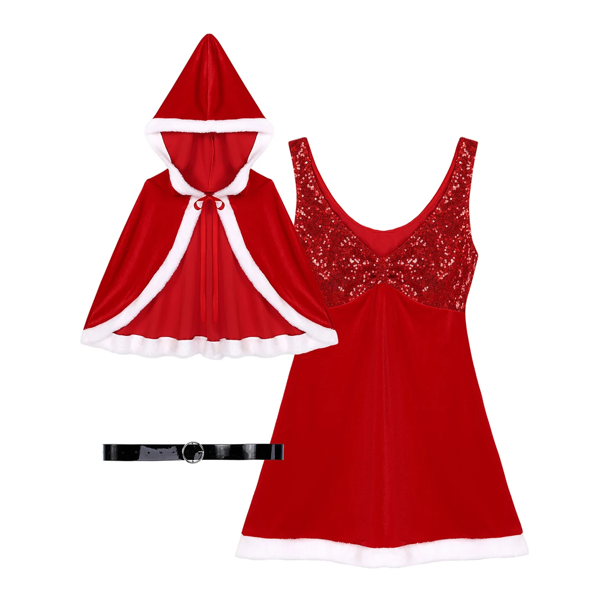 DPOIS, Женская рождественская одежда, маскарадный костюм Санта-Клауса На Хэллоуин для взрослых, блестящее платье, накидка и пояс, новогодний костюм
