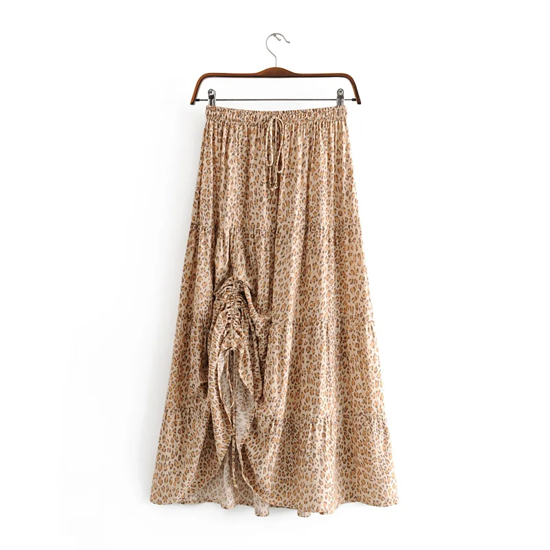 Ретро леопардовая юбка Boho асимметричные юбки эластичная талия Повседневная Женская юбка цыганские пляжные юбки женские Faldas Jupe