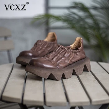 

vcxz 2020 New Women fashion shoes leather cowhide single shoes platform Solid color boots muffin women's Retro Deep mouth shoes