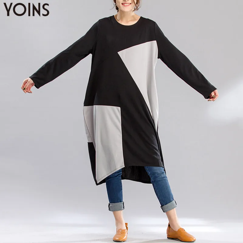 Винтажное платье Кафтан YOINS с круглым вырезом и длинным рукавом свободное