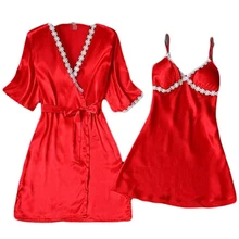 Женская одежда для сна, халат, комплект из 2 предметов, мини-кимоно, халат и Ночная рубашка на бретельках, кружевное нижнее белье, костюм, летняя сексуальная пижама, Mujer, D35