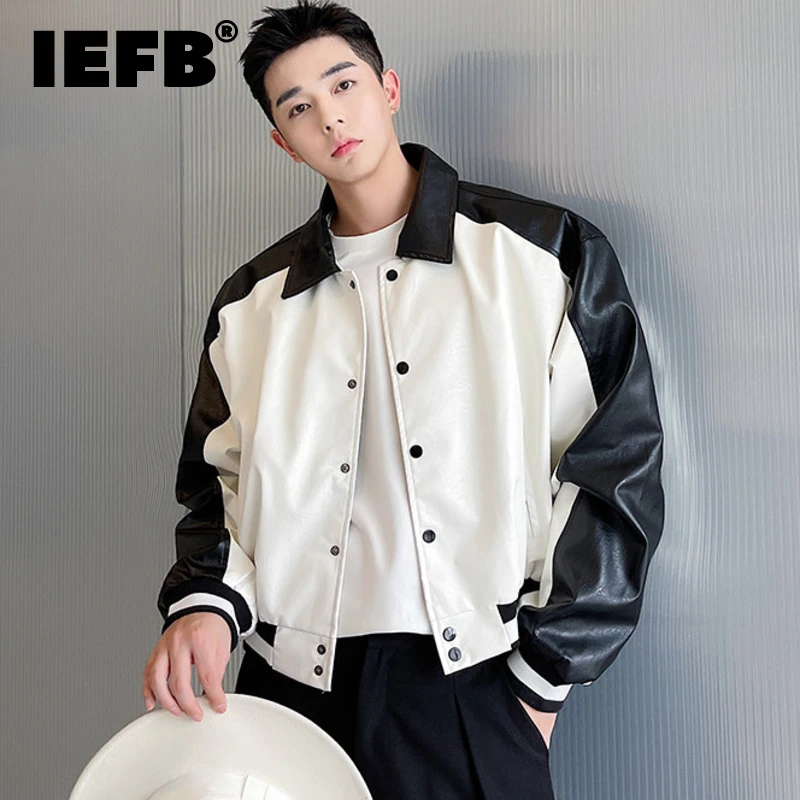 IEFB Men Color Block Patchwork Casual Sweatwear PU Leather Jacket 2022 New Design Loose Motorcycle Lapel Short Coat Spring Tide leather blazer men