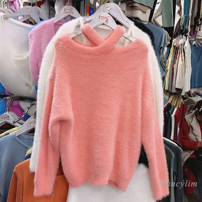 

Halter Off Shoulder Sweater Female All-Matching Mink Fur Sweet Knit Top Lady's Fashion Jumper Pullovers 2021 Spring