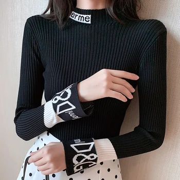 

Lucyever Fashion Letter Turtleneck Pullovers Women Elastic Slim Flare Sleeve Sweaters Woman Autumn Thick Knitted Sweater Mujer