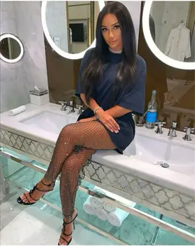 

Sexy Women Fishnet Diamond Slim Beach Cover Pants Party Club Rhinestone Trousers