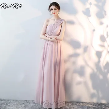 

Real Rill One-Shoulder Bridesmaid Dresses Lace Up Back Long Chiffon A-Line Wedding Party Dress Maid Of Honor Vestidos De Festa