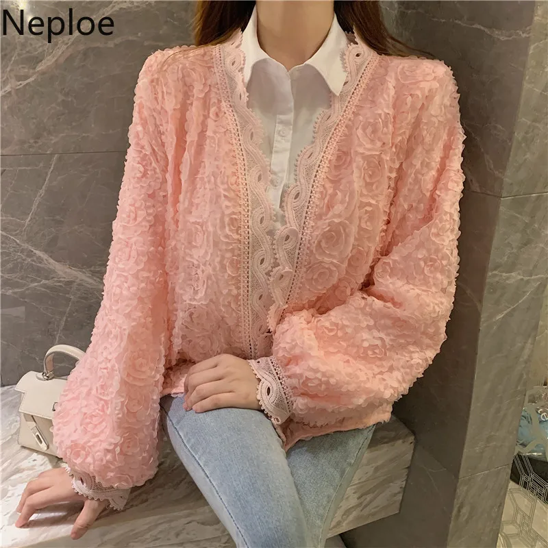 

Neploe 3D Rose Floral Women Cardigan Single Breasted Elegant V-neck Long Sleeve Coat 2019 Autumn Korean Lace Patch Jacket 54814