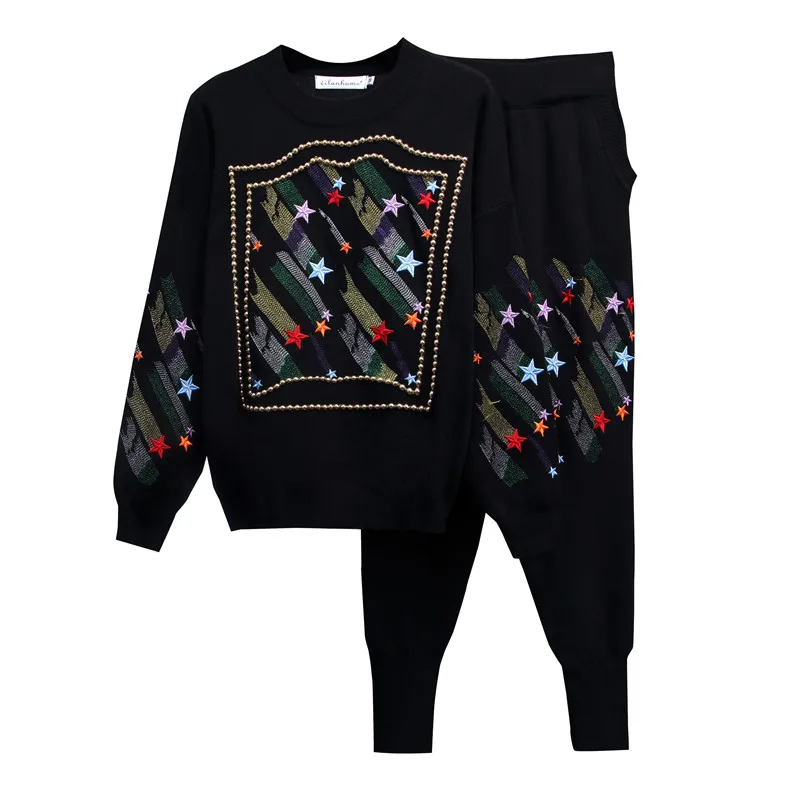 

Женский трикотажный спортивный костюм, повседневный комплект из двух предметов, Топ с длинным рукавом и брюки с вышивкой, осень 2022