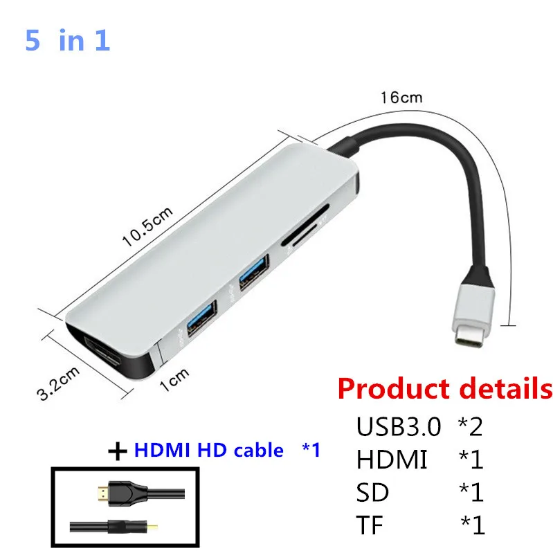 5-в-1 Mosible USB 3,0 для HDMI для телефона MacBook Pro Air HDMI 4K HD разъем с 3 портами(стандарт C ступицы колеса и концентратор 3,0 TF Card Reader слот PD - Цвет: combination 2