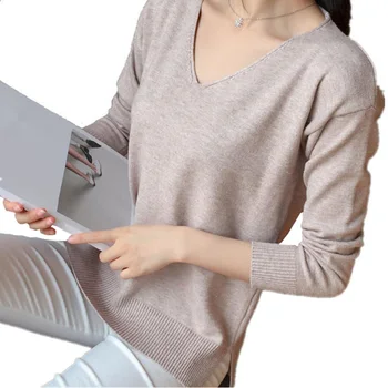 

2017 Autumn Winter Sweater Pullover Sweater Female Casual Solid Jumper Long Sleeve V-neck Knitted Tops Women Sweater MA0005