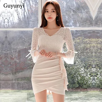 

Elegant Party Dress 2020 Summer Fashion Lace Lantern Sleeve V-Neck High Waist Tight Asymmetric Side Ruffles Sexy Dress Women