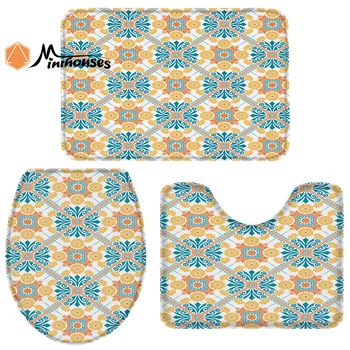 

3 Pieces Bathroom Set Classic Gorgeous Decorative Patterns Durable Bath Set Toilet Cover Mat Pedestal Rug Non-Slip Bathroom Rug