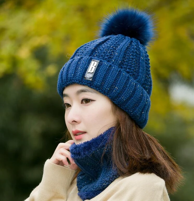 Теплая зимняя вязаная шапка для женщин, высокое качество, зимние шапочки для девочек, шапочки, Лыжная шерстяная меховая шапка, помпоны, шапки, вязаные шрам - Цвет: Navy Blue2