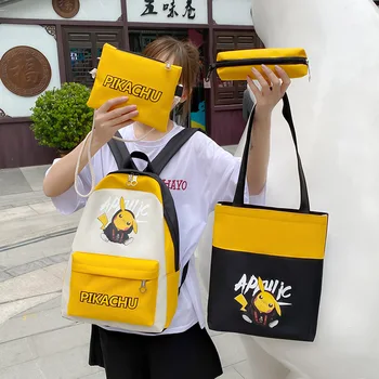 

4 Sets/Pcs Pokemon Laptop Backpack For Women Cartoon Pikachu Schoolbag For Teenagers Girls Student Book Bag Female Satchel