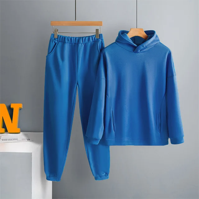 Two Piece Set Casual Fleece Tracksuit Women Winter 2021 Women's Sets Oversized Hooded Long Sleeve Hoodie Sport Pants Lady Suit 01 Blue