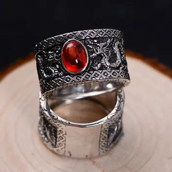 

Real 925 sterling silver dragon style rings with red Garnet/black agate stone Thai silver punk rock jewelry for Men