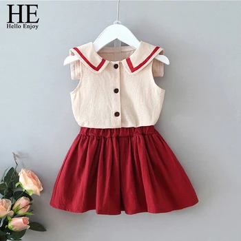 

HE Hello Enjoy Baby Girls Clothes Sets Summer 2020 Kids Sleeveless Single-Breasted Shirt + Red Skirt College Style Children Suit