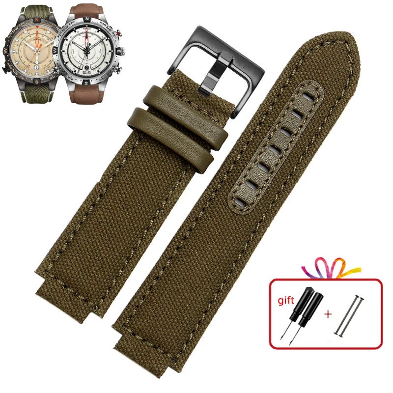 Premium Genuine Leather Watch Strap with Canvas Accents - Men's Convex Mouth Design