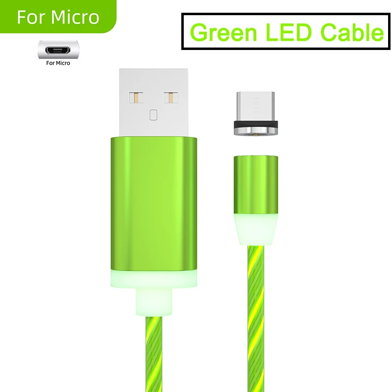 2а Магнитный зарядный кабель светодиодный кабель Micro USB type-C 8-контактный кабель для iPhone XR X 7 8 Xiaomi huawei samsung Honor - Цвет: Green for Micro