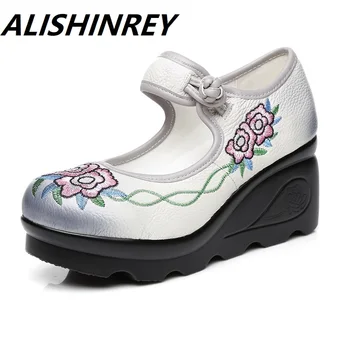 

ALISHINREY 2020 Spring Handmade Shoes Platform Wedges Women Pumps Flower Embroider Genuine Leather Women Casual Shoes High Heel