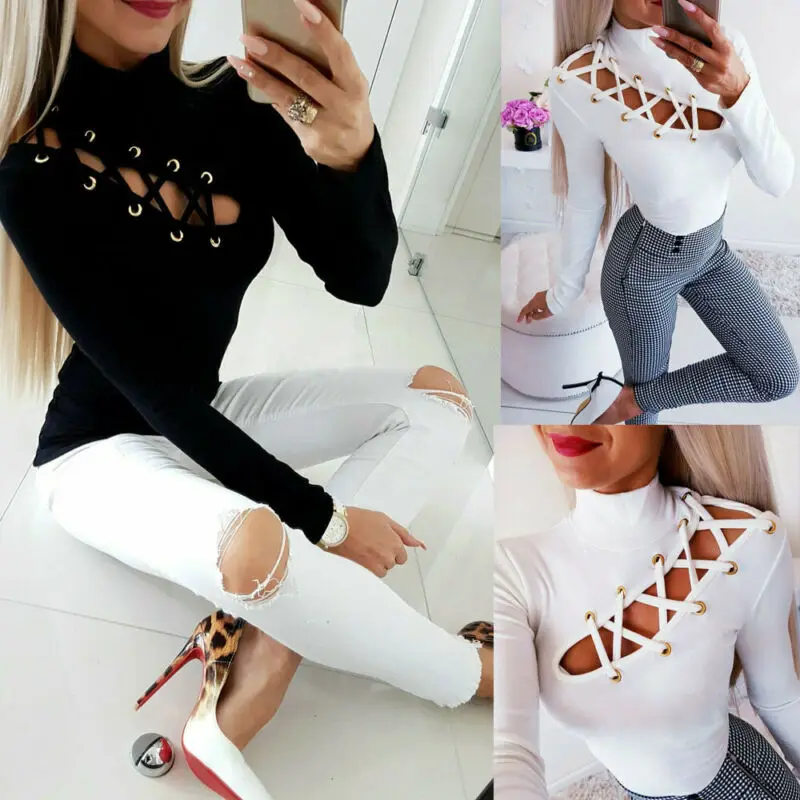 Womens Sexy Slim Fit Long Sleeve T-shirts Lace-Up Eyelet Hollow Out T-Shirt High Neck T Shirts Tops Slim Stretch Ladies Tee Top