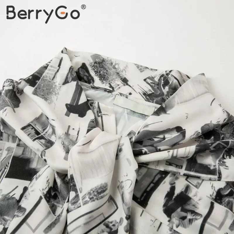 BerryGo, модная блузка с газетным принтом, рубашка, для женщин, элегантная, длинный рукав, для девушек, блузки, галстук-бабочка, воротник, Осень-зима, женские топы