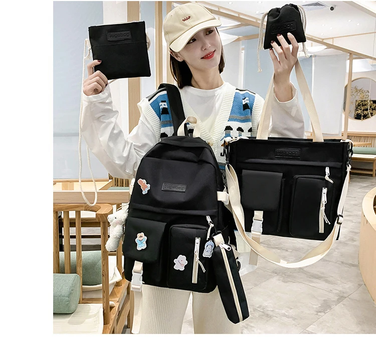 NEW 5 Piece Set backpacks fashion canvas kawaii female Korean Shoulder bag Casual College Students backpack School bag for girl