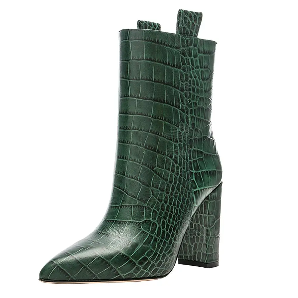 HARAVAL/Элегантные женские ботильоны из высококачественной искусственной кожи; пикантная обувь с острым носком на высоком квадратном каблуке; однотонные женские классические модные ботинки - Цвет: Green