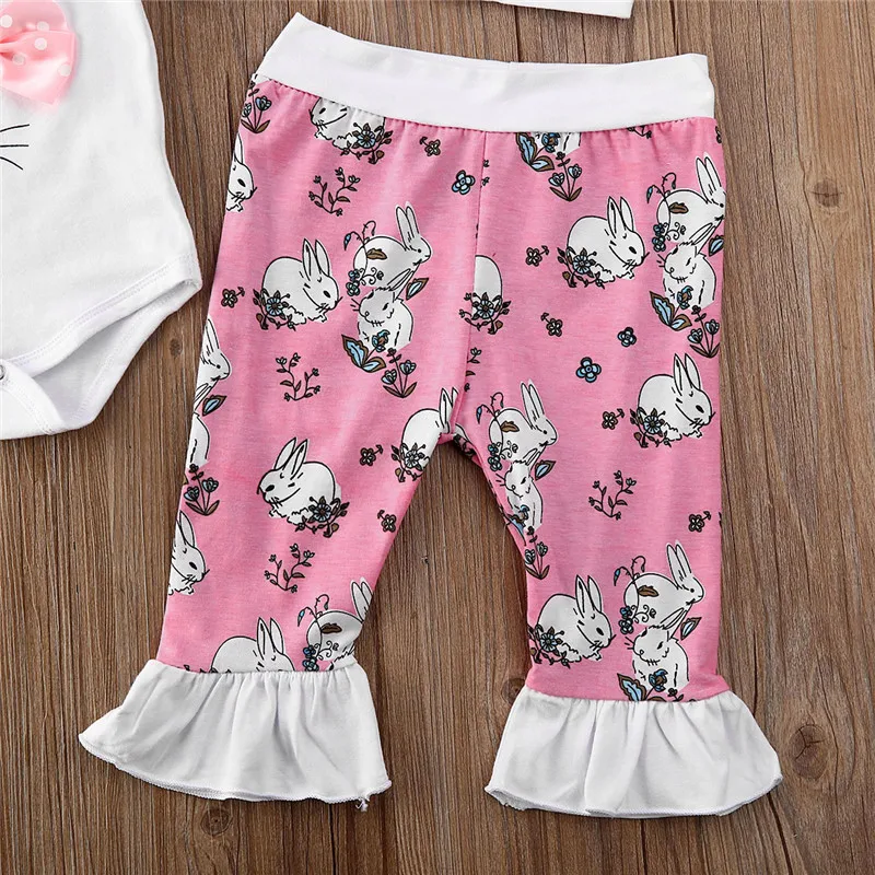 Одежда для новорожденных девочек штаны с рюшами и принтом животных боди с короткими рукавами с геометрическими ушками и бантом, с круглым вырезом, 3 предмета