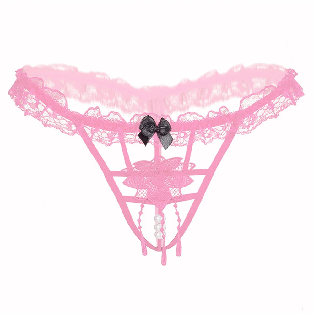 pink Erotic Hollow Embroidered Panties Low Waist Seamless Lace G-String Pearl Transparent Thongs T-pants - Цвет: pink
