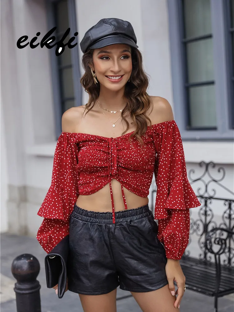 

EIKFI Women Front Drawstring Polka Dot Crop Top Spring Autumn Lady Sexy Off Shoulder Ruffle Sleeve Short Tops Blouse and Shirts