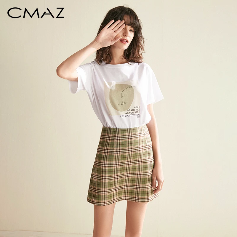 

CMAZ Female Two-piece Set 2019 Summer Fashion Women Printed T-shirt Top and Green Plaid Mini Skirt Suits MX19B3444