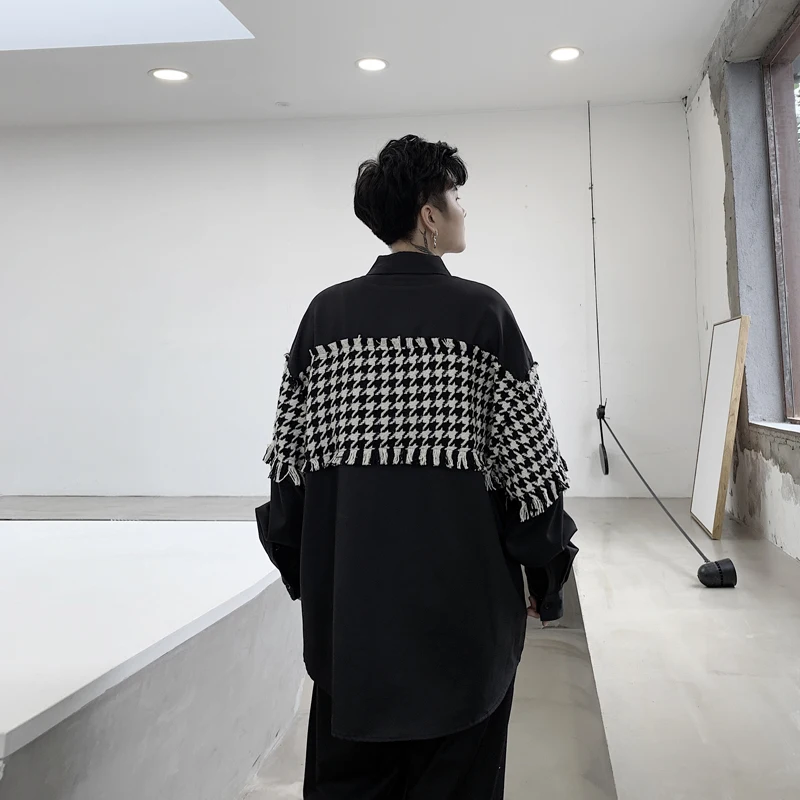 Male Streetwear Hip Hop Party Dress Shirt Coat Men Vintage Fashion Plaid Splice Loose Casual Long Sleeve Shirt