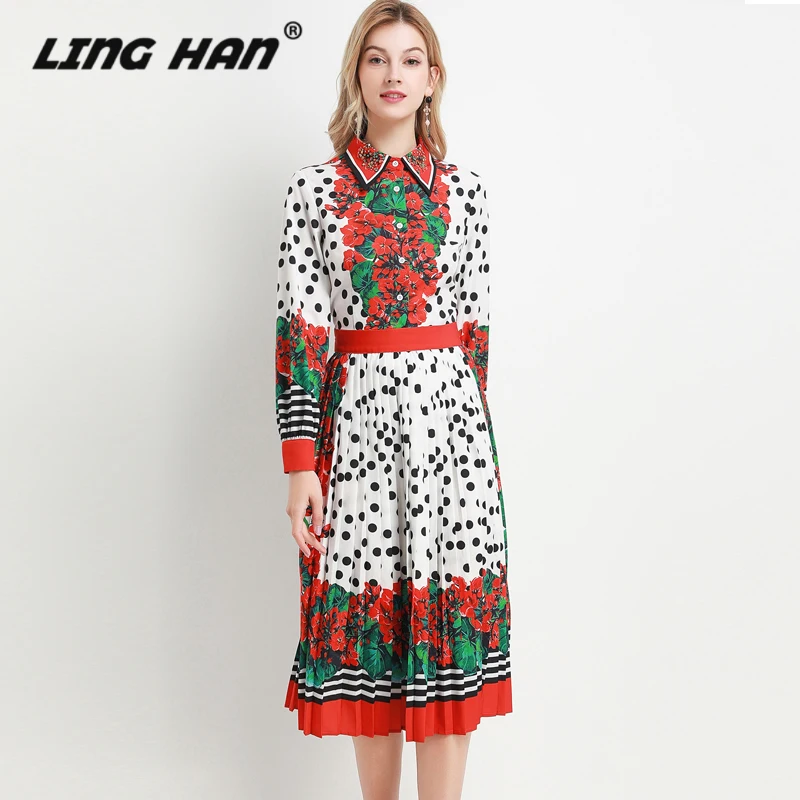 LINGHAN элегантные Платье с цветочным принтом Для женщин Модный вышитый бусинами жакет отложной воротник плиссированные вечерние платья дизайнерские сезон: весна–лето