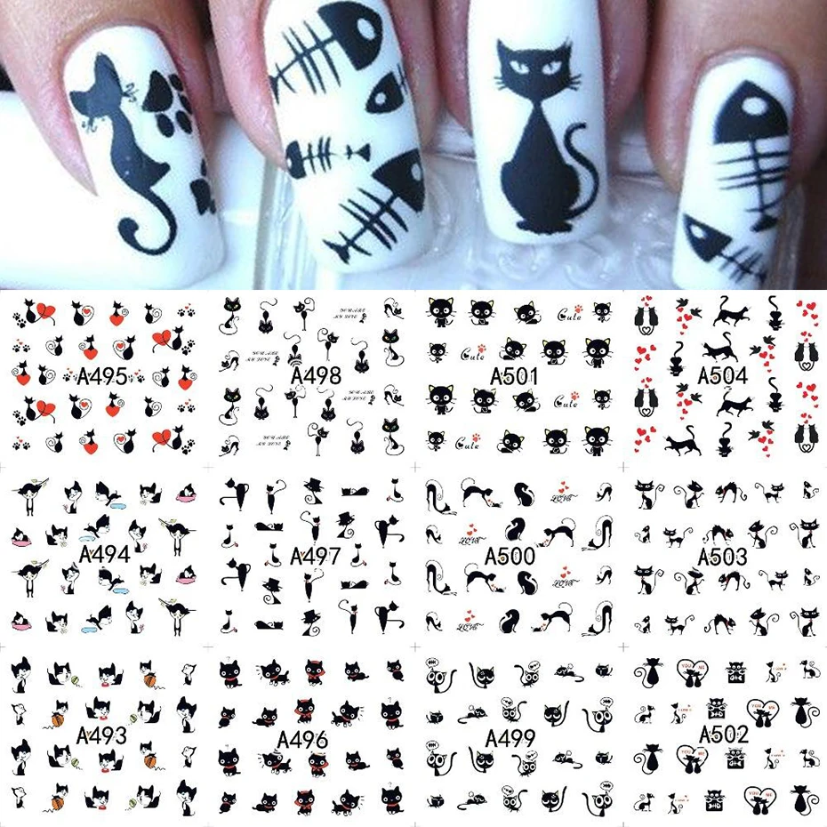 12 Designs Cute Cat Pattern Watermark Designs Nail Art Stickers Water Transfer Decals Beauty Nails For Decoration LA493-504 nail stickers nail art decoration nail decals