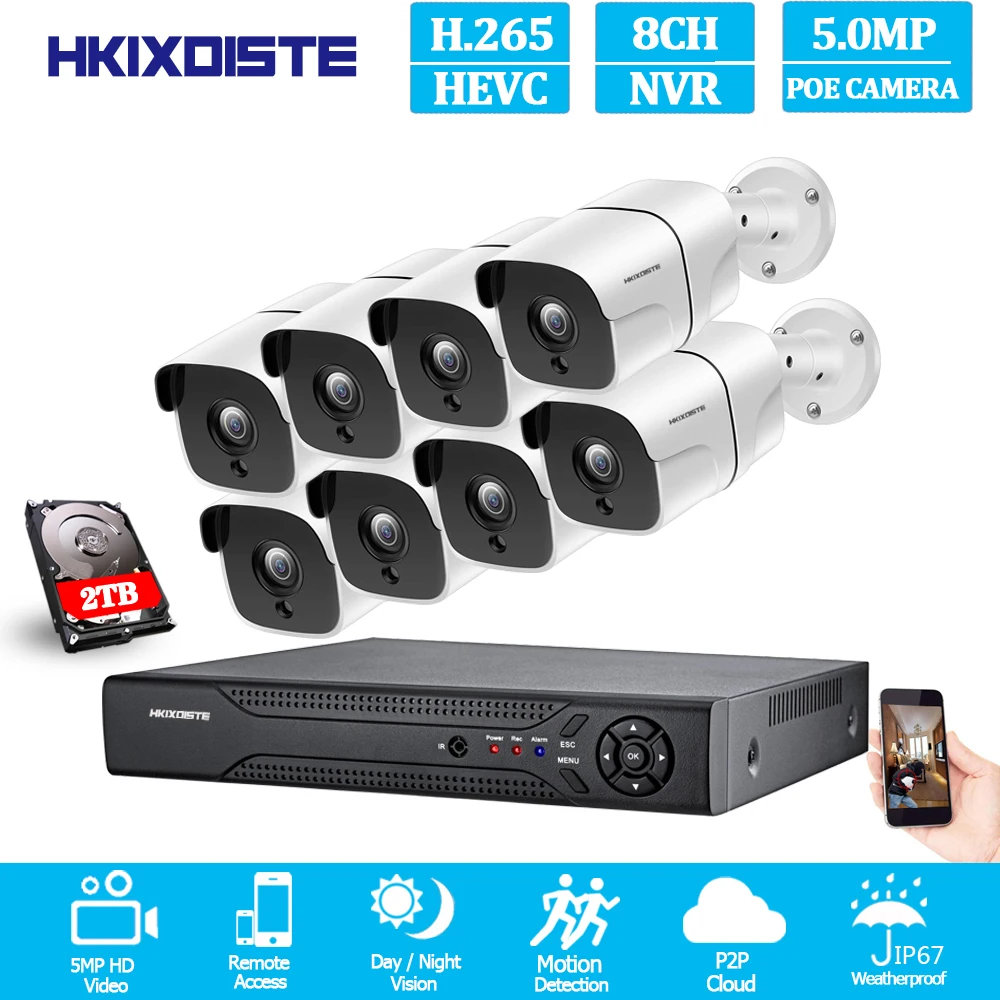 

8ch 5MP H.265 CCTV POE NVR Camera System 36PCS LEDs 5.0MP 3.6mm IR Lens Camera Surveillance Kit PoE 48V Security System Full HD