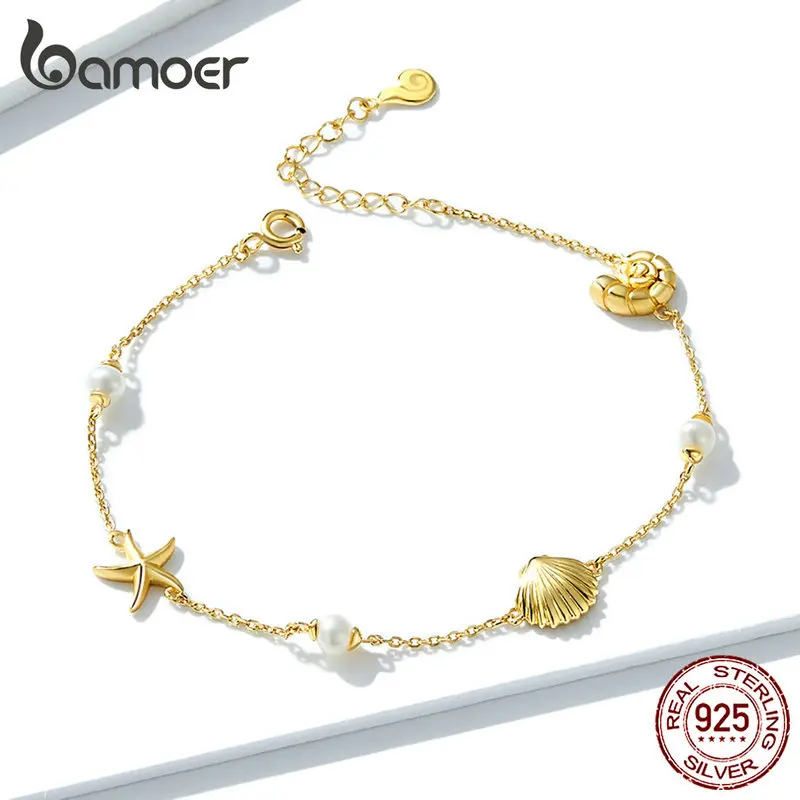 Bamoer летний праздник Морская звезда с жемчугом в виде ракушки цепи браслет для женщин золото Цвет 925 пробы серебро модные ювелирные изделия BSB025