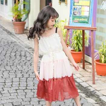 

New 2020 Summer Girls Camisole Dresses Chiffon Kids Midi Dresses Patchwork Baby Princess Dress Children Dress suspender, #8421