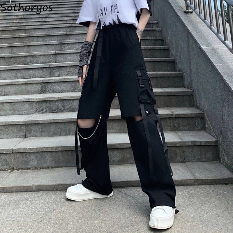 Pantalones de Hip Hop para mujer, pantalón negro liso con estilo, S 3XL, con agujero, con cadena, baile, Unisex, moda BF| Pantalones y pantalones capri| - AliExpress