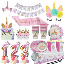 Cartoon Einhorn Party Dekoration Gold Rosa Einhorn Pferd Geschirr Sets Kinder Geburtstag Partei Liefert Nette Serviette Geschenk Tasche Decor(China)
