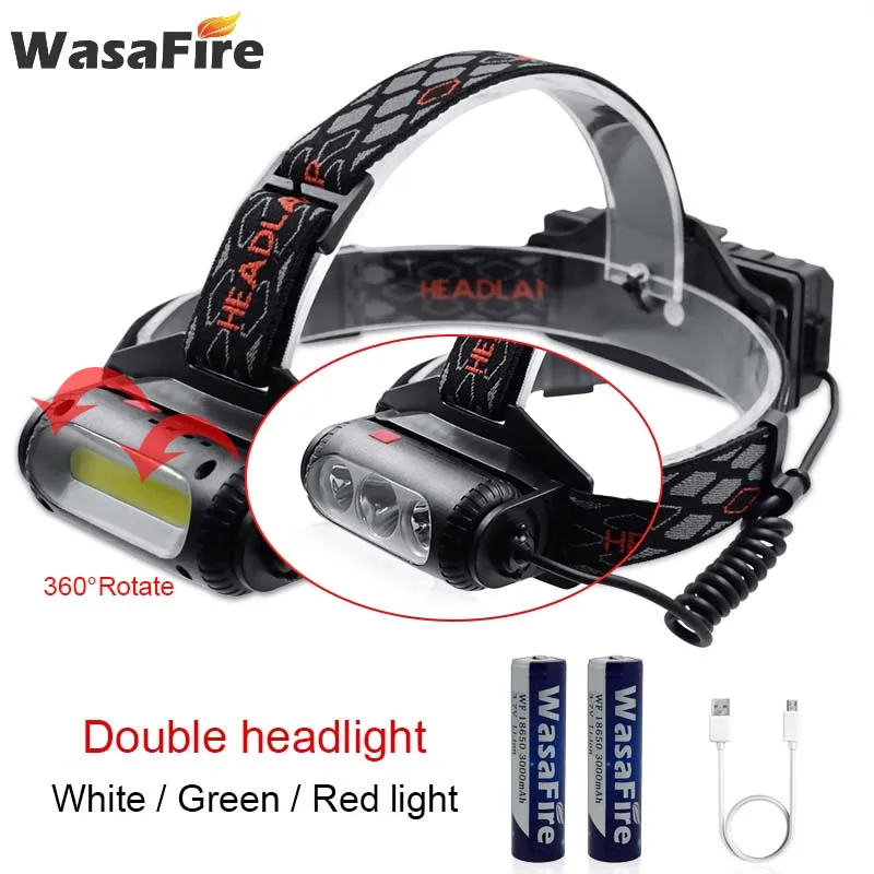 

New 8 Mode Waterproof Led Headlamp 800LM COB Rechargeable Head Lamp 360 Rotate Red Green Light Headlamp with 2*18650 Battery