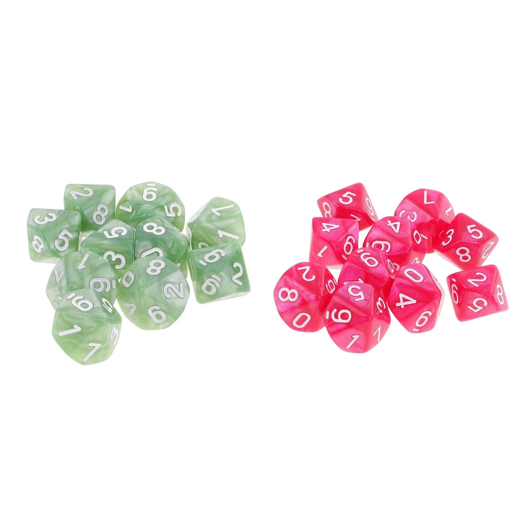 20pcs 10 Sided Dice D10 Polyhedral Dice for Dungeons and Dragons Game Green + Pink