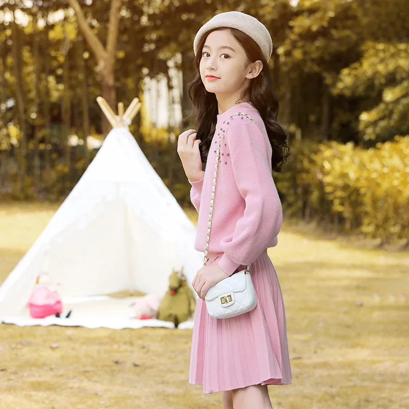 Tee Girl Clothes New Female Girls Sweater Set Children's Knited Knit Suit Sweater Girls Warm Sweater Skirt Two-piece Sets