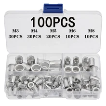 Juego de Tuercas de remache de cabeza plana de aluminio, 100 piezas, M3 M4 M5 M8, remaches de inserción, tamaño mixto, juego de herramientas de remache automático Premium