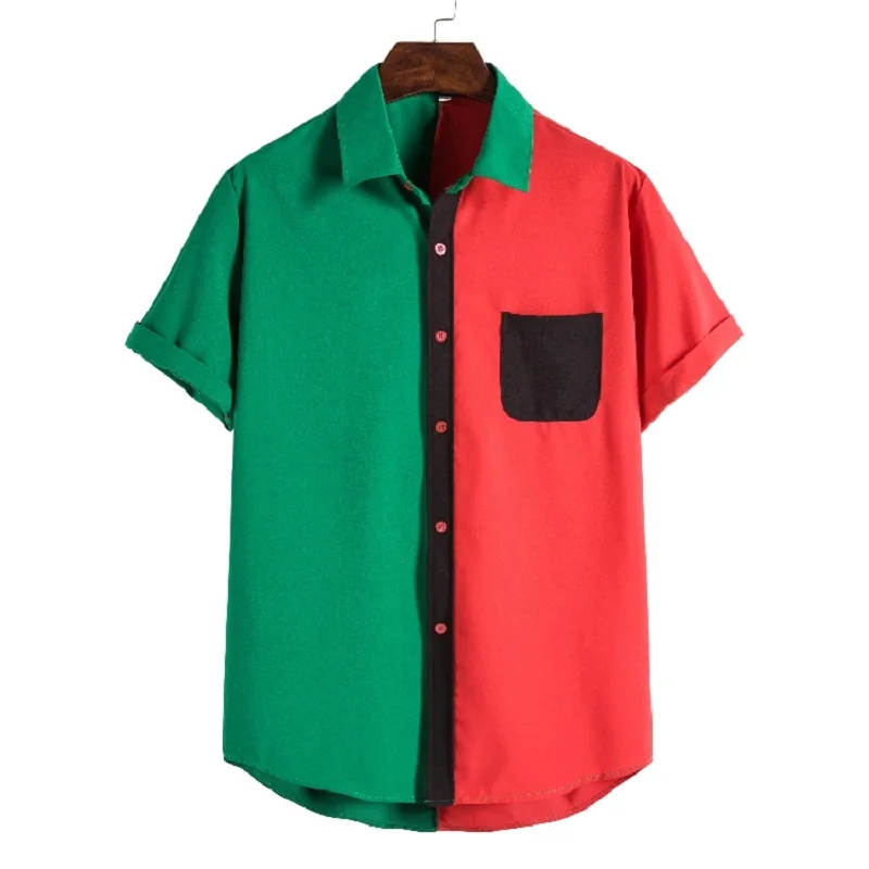 

New Shirts Mens Fashions Patchwork Red and Greeen Summer Contrast Color Short-sleeved Shirt Men Pocket Design Streetwear Camisas