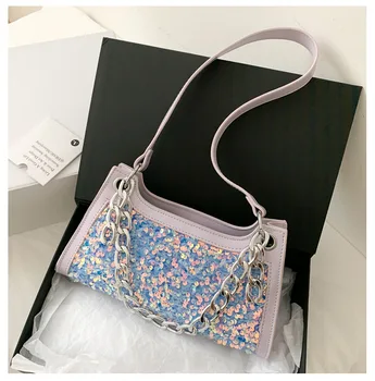 

Sequin Stitching Fashion Chain Tote Bag 2020 High Quality Leather Women's Designer Handbag Shiny Lady Shoulder Messenger Bag
