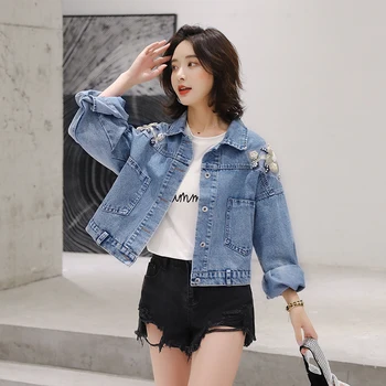 

Plus size Harajuku Wash Big pocket Embroidered Beaded Denim Jacket Women 2020 Spring Loose Long sleeve Jeans Jacket Basic coat